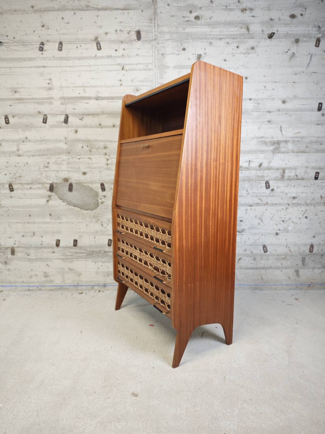 Vintage wooden and rattan secretary