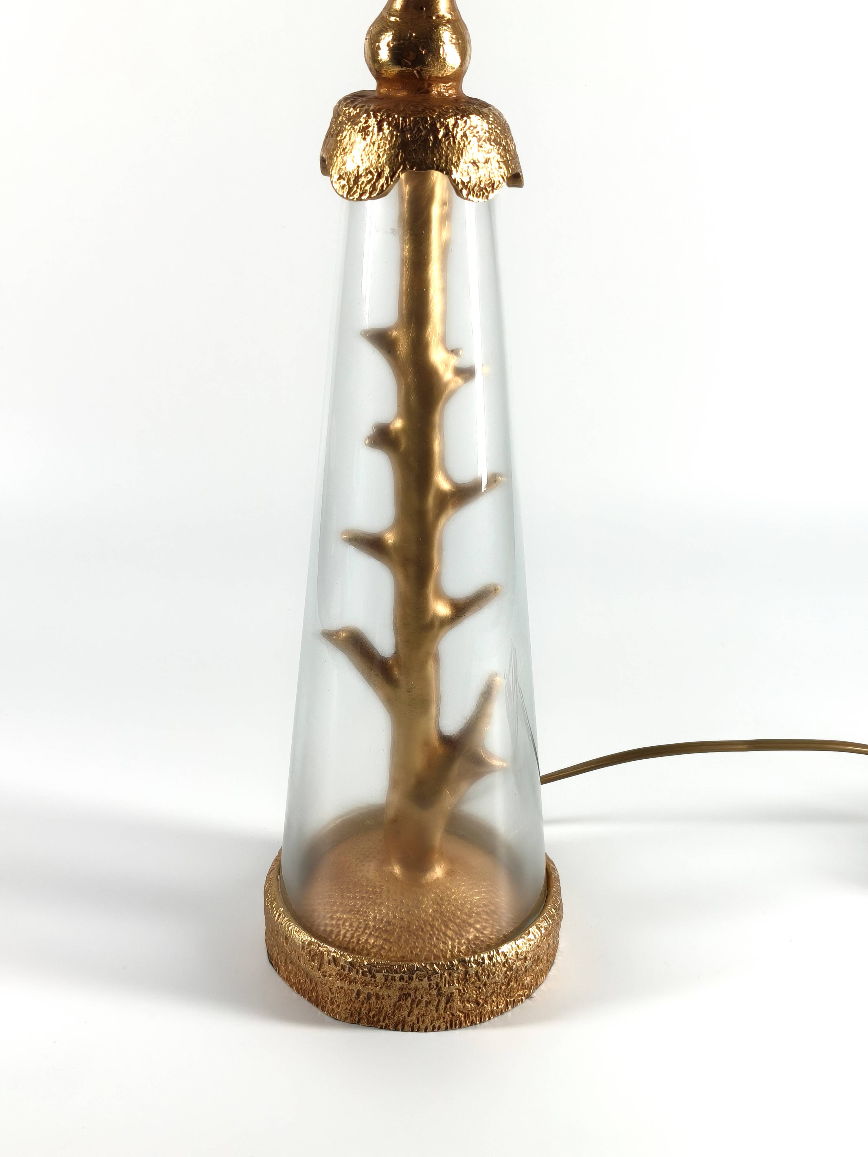 Vintage lamp base signed Pierre Casenove, gilded bronze, glass, 1970s.