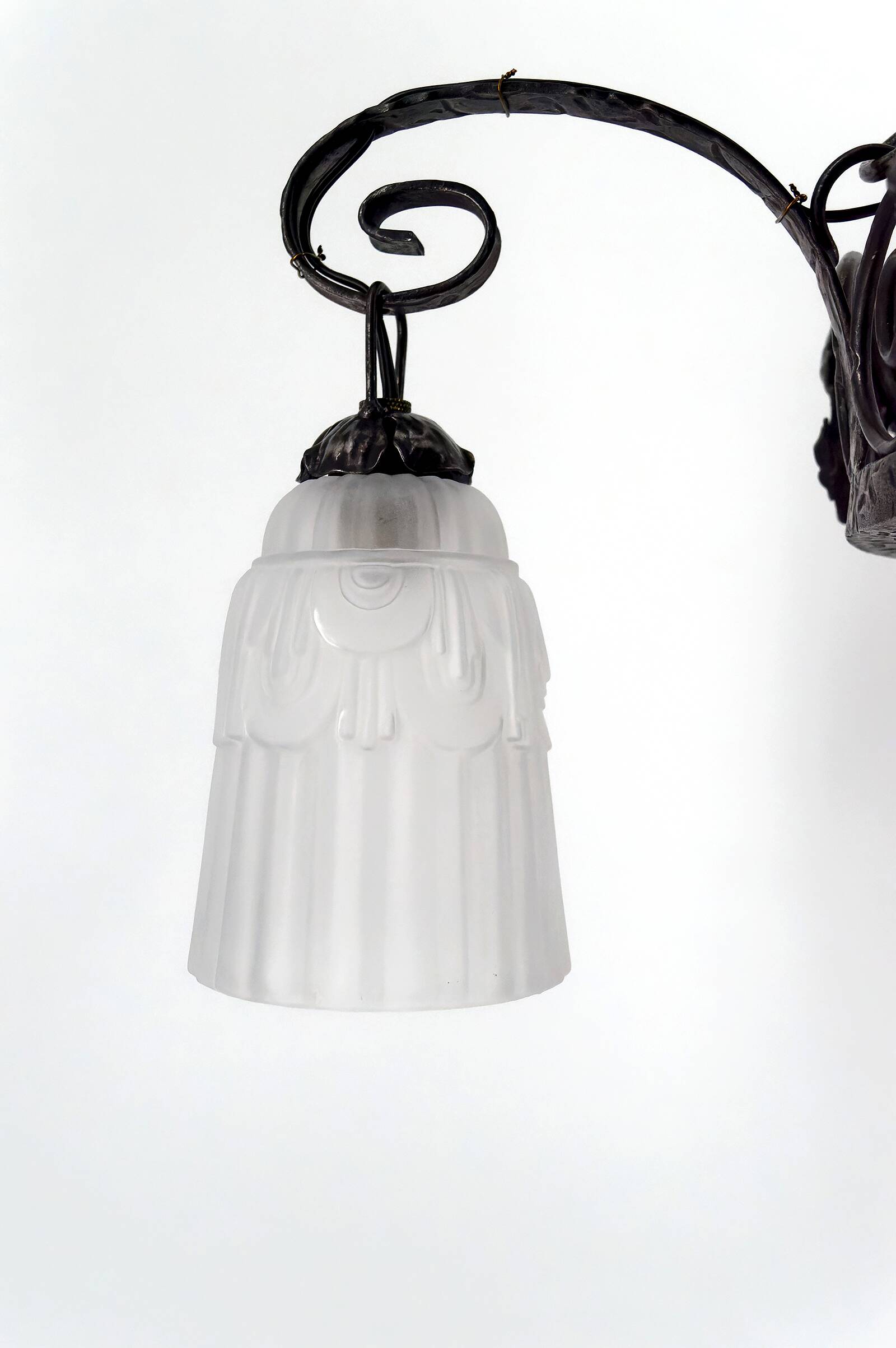 Wrought iron chandelier, tulips / pressed-molded glass bowl, Art Deco, 1930