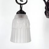 Wrought iron chandelier, tulips / pressed-molded glass bowl, Art Deco, 1930