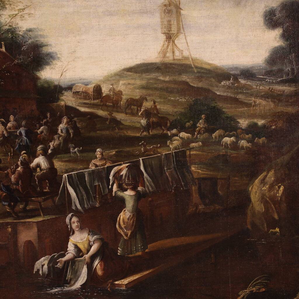 Grand tableau de paysage flamand du XVIIe siècle, fête de village