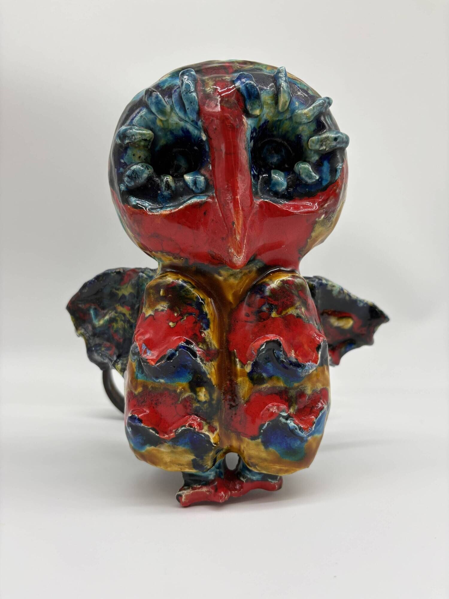 Owl Sculpture in Glazed Ceramic Dated 1991 on Wrought Iron Base