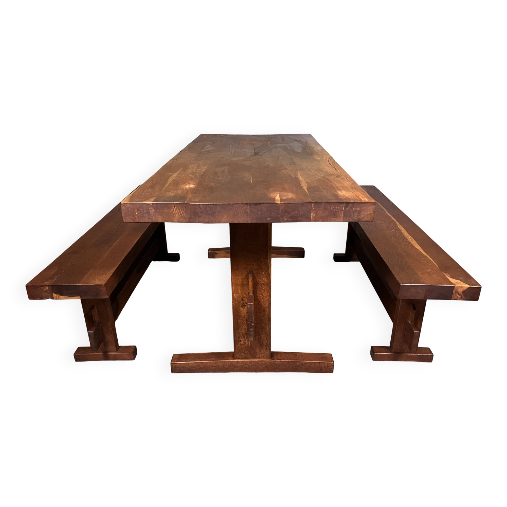 Oak dining table with 2 benches Minimalist Brutalist Wabi Sabi