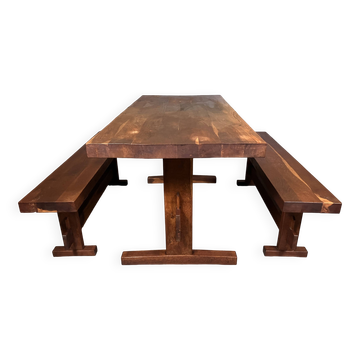 Oak dining table with 2 benches Minimalist Brutalist Wabi Sabi