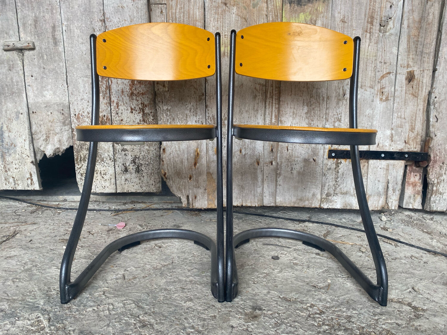 Pair of Chairs SOUVIGNET Model ELODIE Grey Metal & Wood Made in France