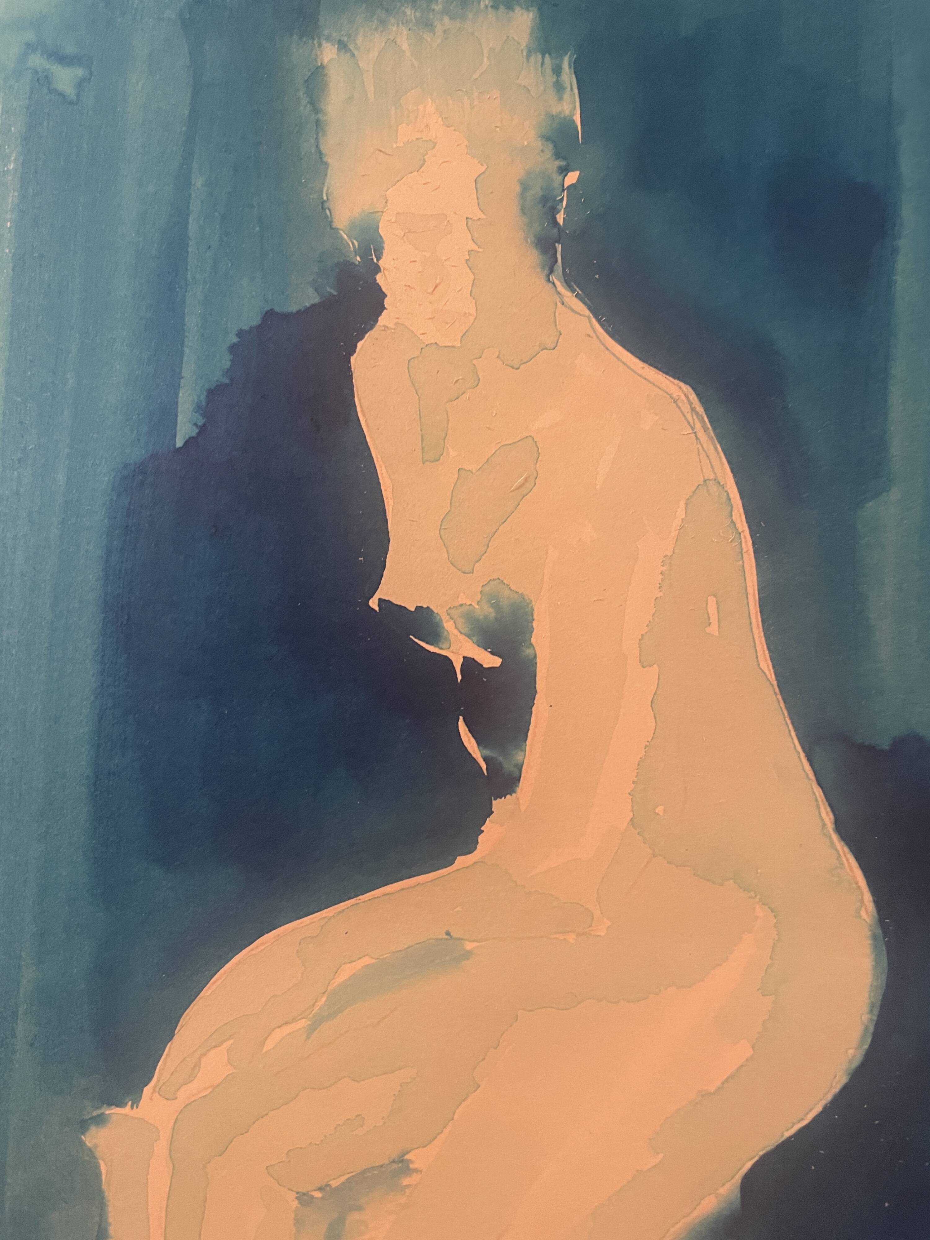 Monochrome blue watercolour tableau collection "blue lady" the pose, signed.