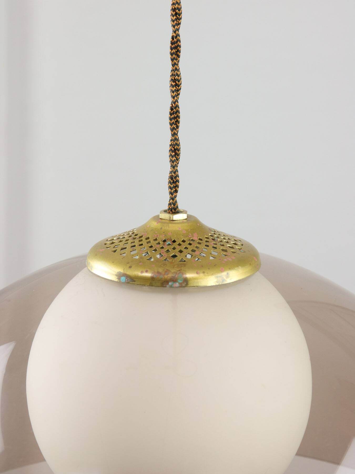 Space-age italian brass, opaline and plexiglass pendant lamp