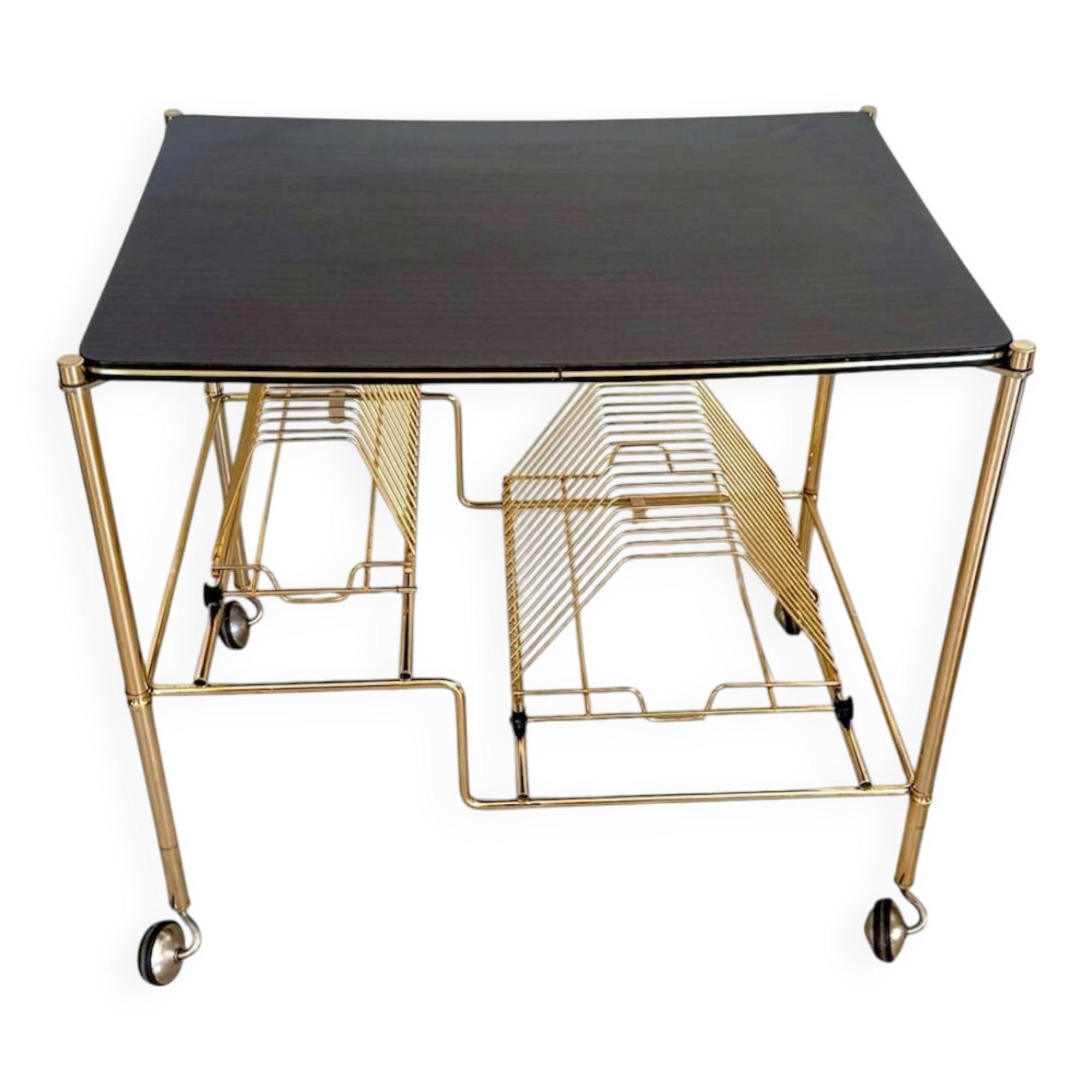 Rolling dessert trolley, record storage, vinyls in Formica and gold brass.