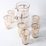Mid-Century Italian Glass Pitcher & Six Glasses with Golden Details / Italy