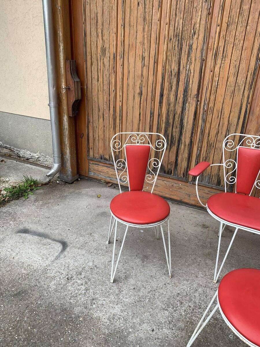 Vintage garden set 1968 white metal and red faux leather, set of 4 (2 chairs, bench, table)