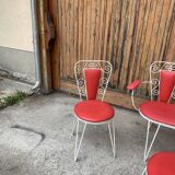 Vintage garden set 1968 white metal and red faux leather, set of 4 (2 chairs, bench, table)