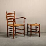 Rustic Armchair and Stool in stained oak and rush, France 1950s