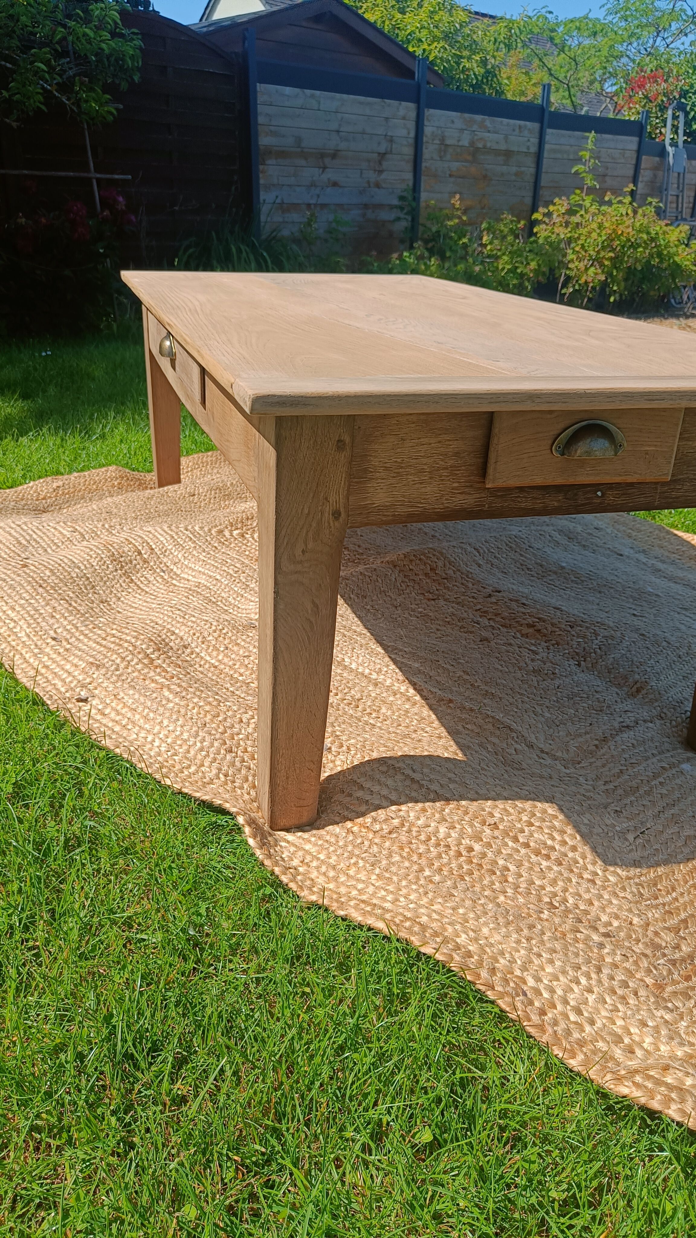 Large restored antique coffee table in solid oak.