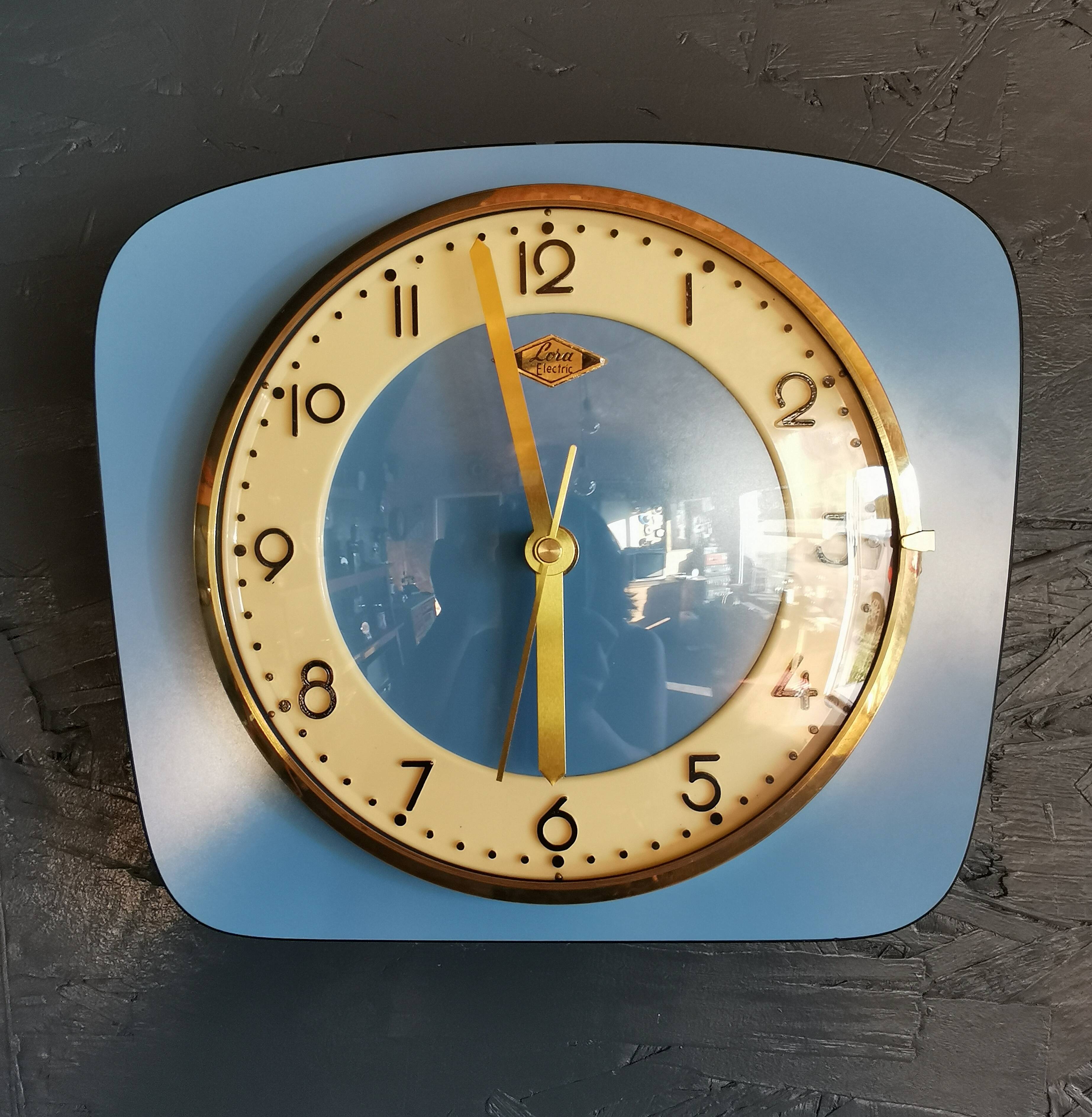 Vintage formica clock rectangular silent wall pendulum "Lora blue"