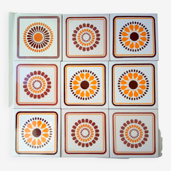 Set of decorative tiles from the 70s, orange pop flowers