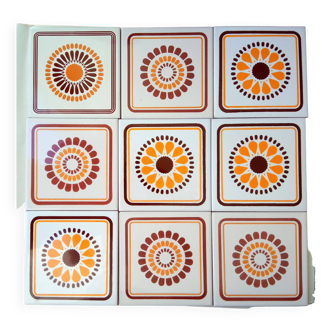 Set de carreaux décoratifs des années 70,fleurs pop orange