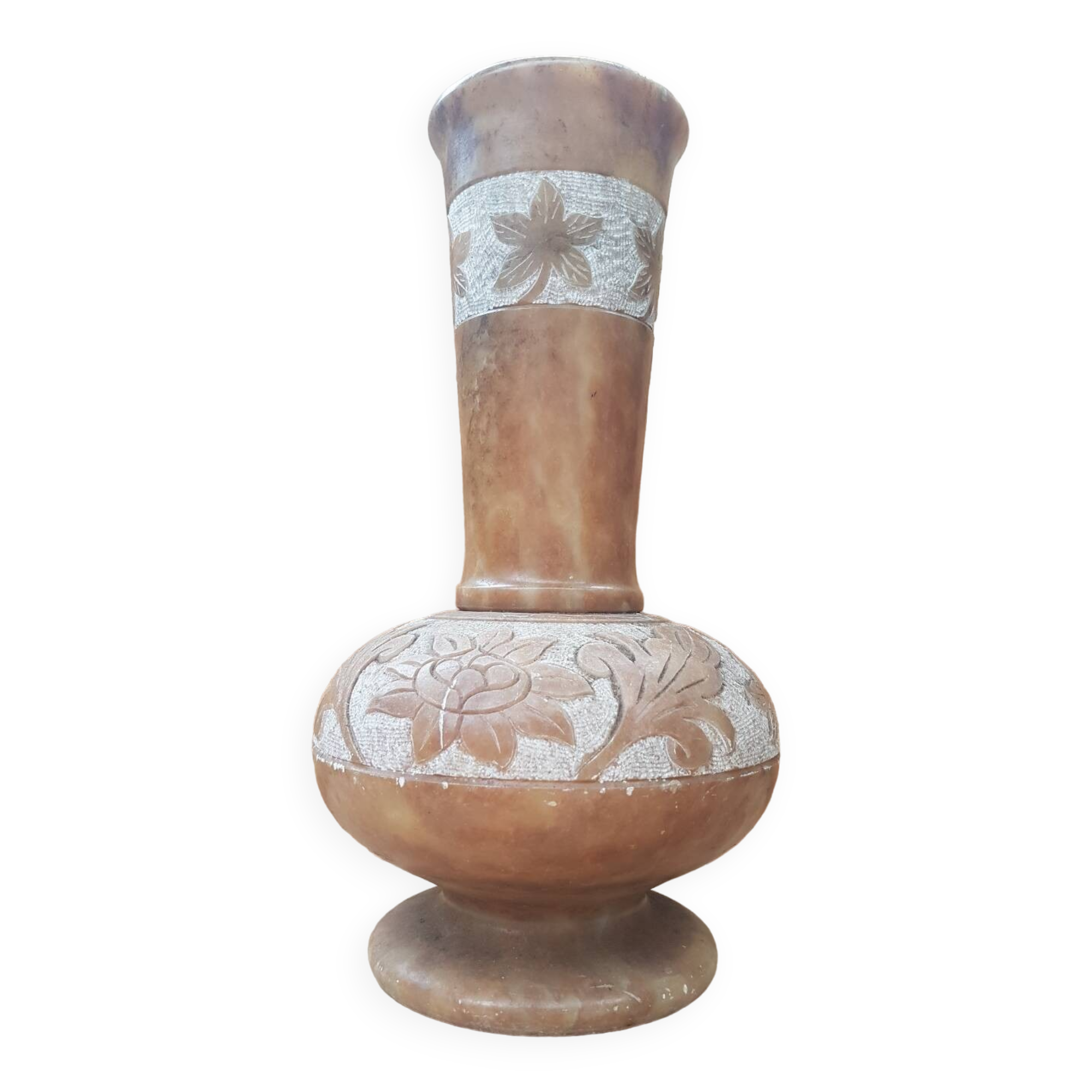Old alabaster vase decor flowers engraved large vintage model