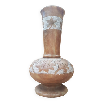 Ancien vase albatre décor fleurs gravé grand modèle vintage