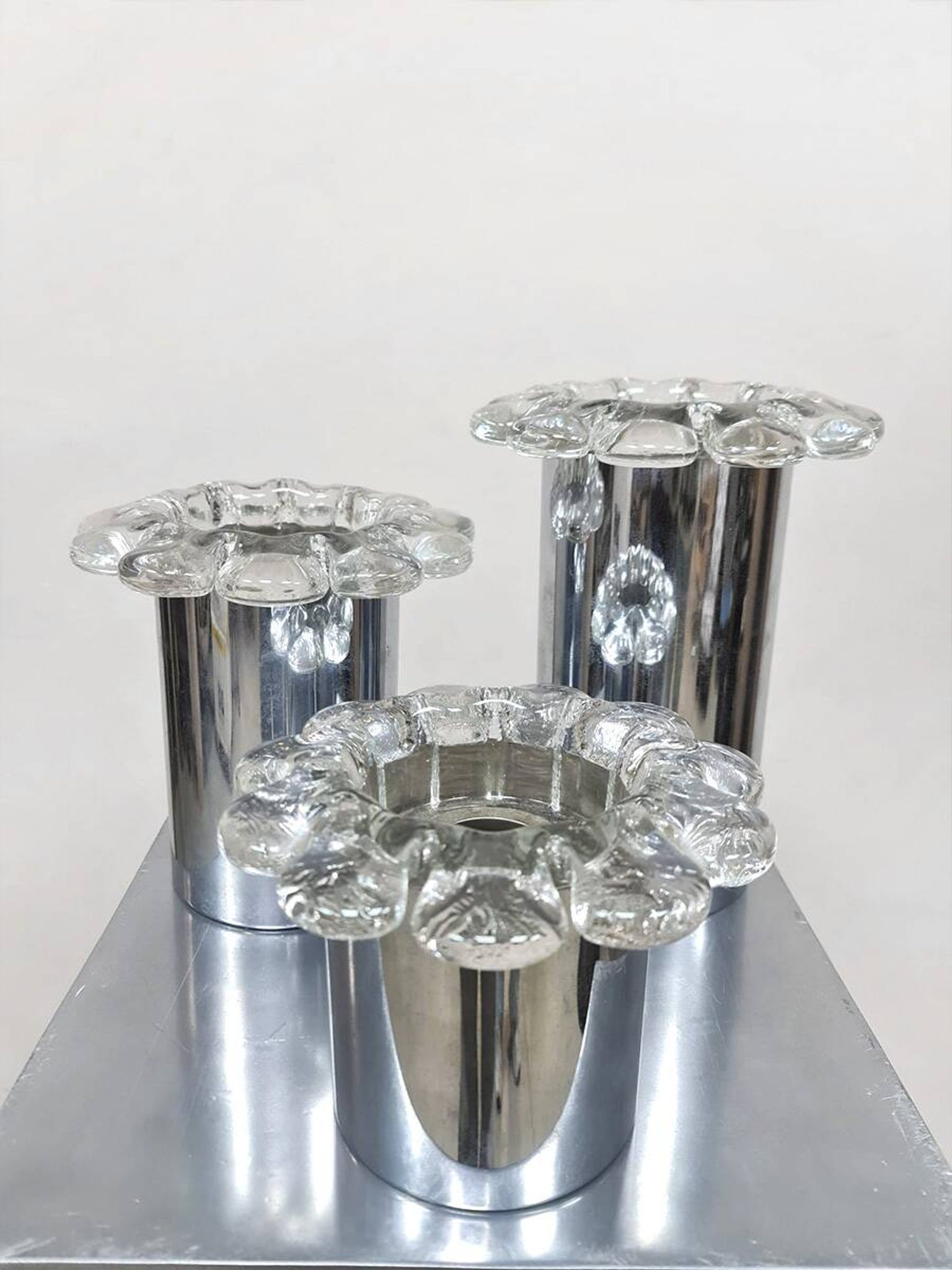 Vintage chrome and glass flower wall sconces