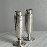 Pair of single-flower vases in patinated silver metal