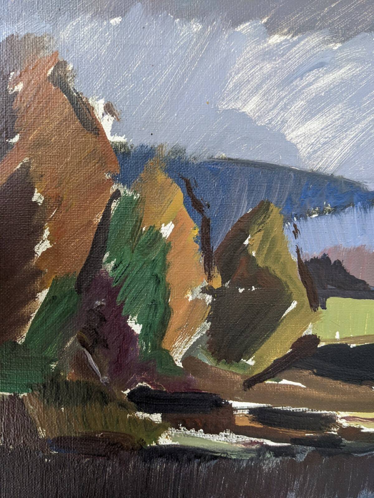Mid-Century Modern "Meander" Vintage Expressionist River Landscape Oil Painting, Framed