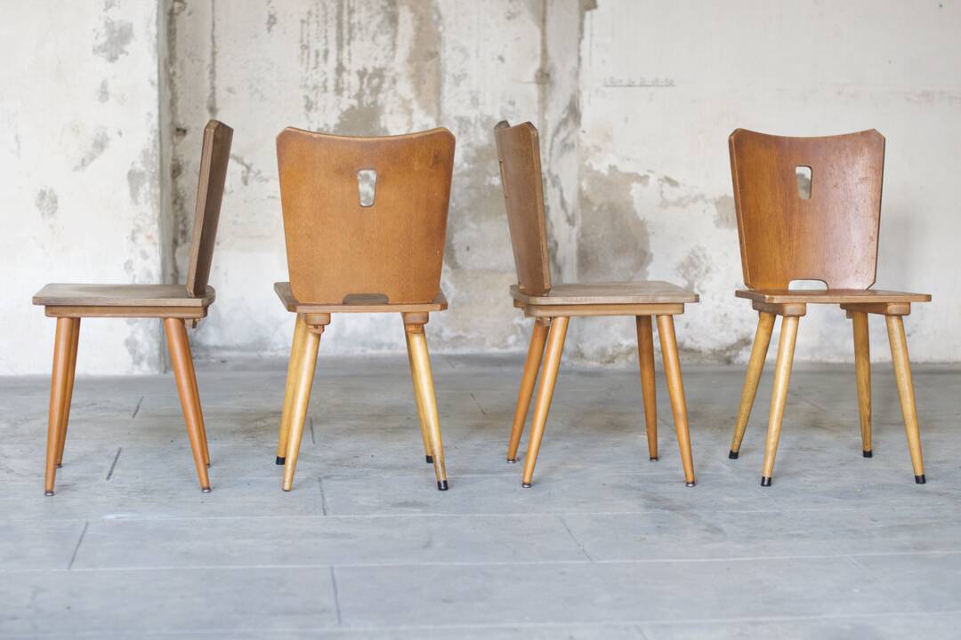 Series of four vintage brutalist wooden chairs 1960
