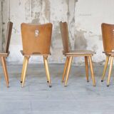 Series of four vintage brutalist wooden chairs 1960