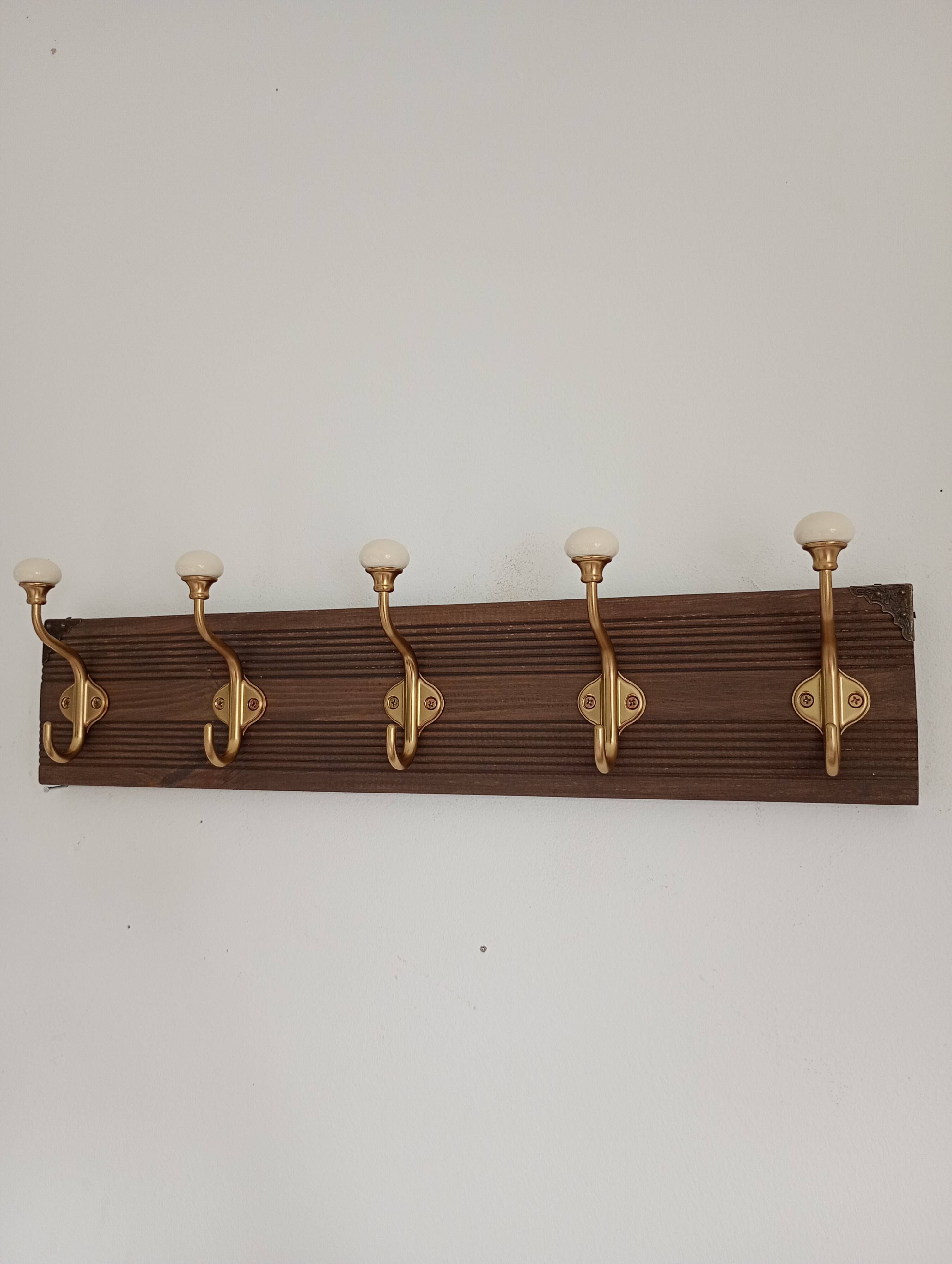 Vintage wall coat rack – 57 cm – 5 metal and ceramic hooks