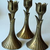 3 beautifull solid brass candle holders with floral motif, vintage from the 1960s