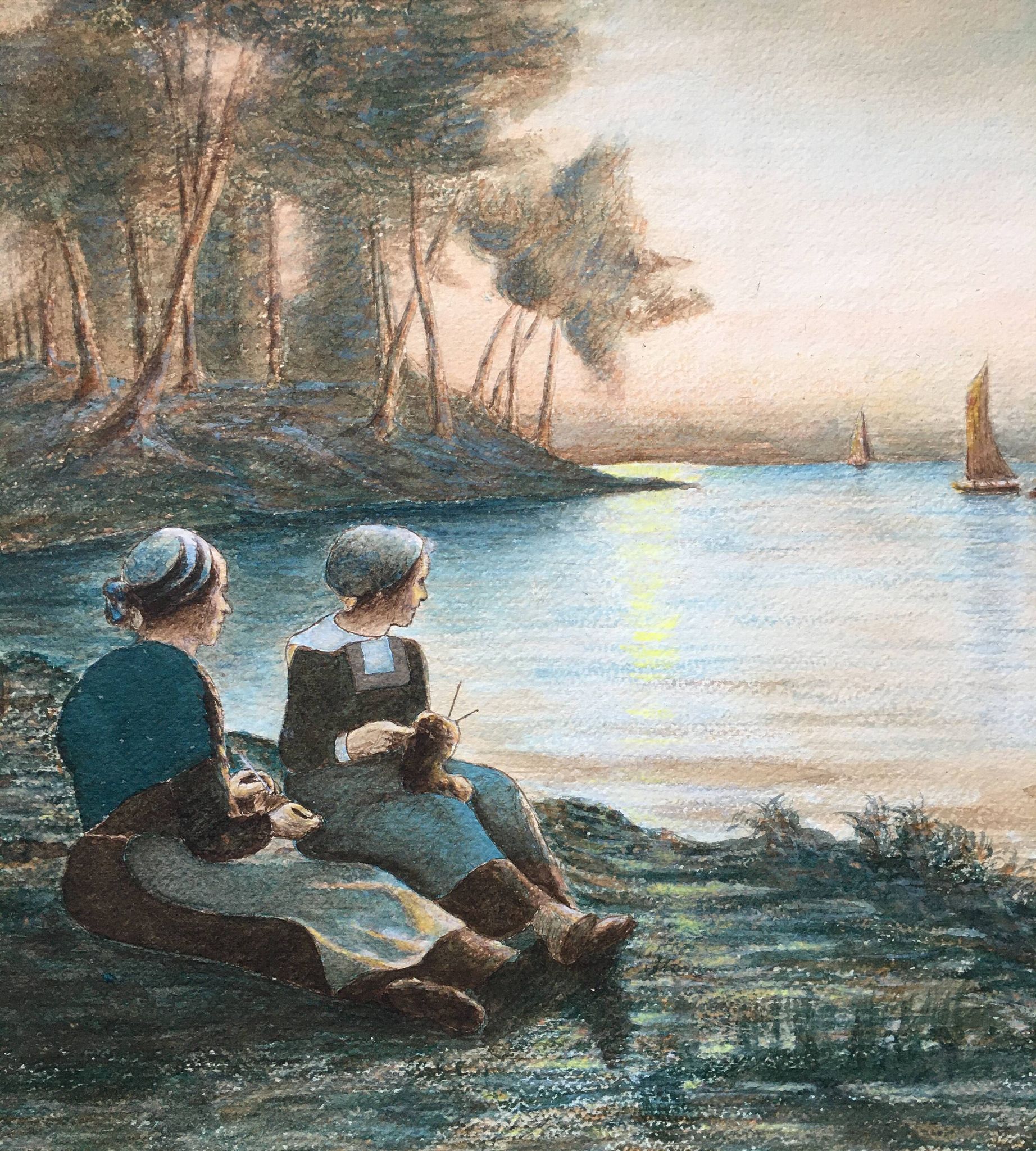 Painting Aquarelle enhanced "Breton Dream" by A.M. early XX
