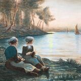 Painting Aquarelle enhanced "Breton Dream" by A.M. early XX