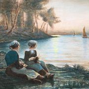 Painting Aquarelle enhanced "Breton Dream" by A.M. early XX