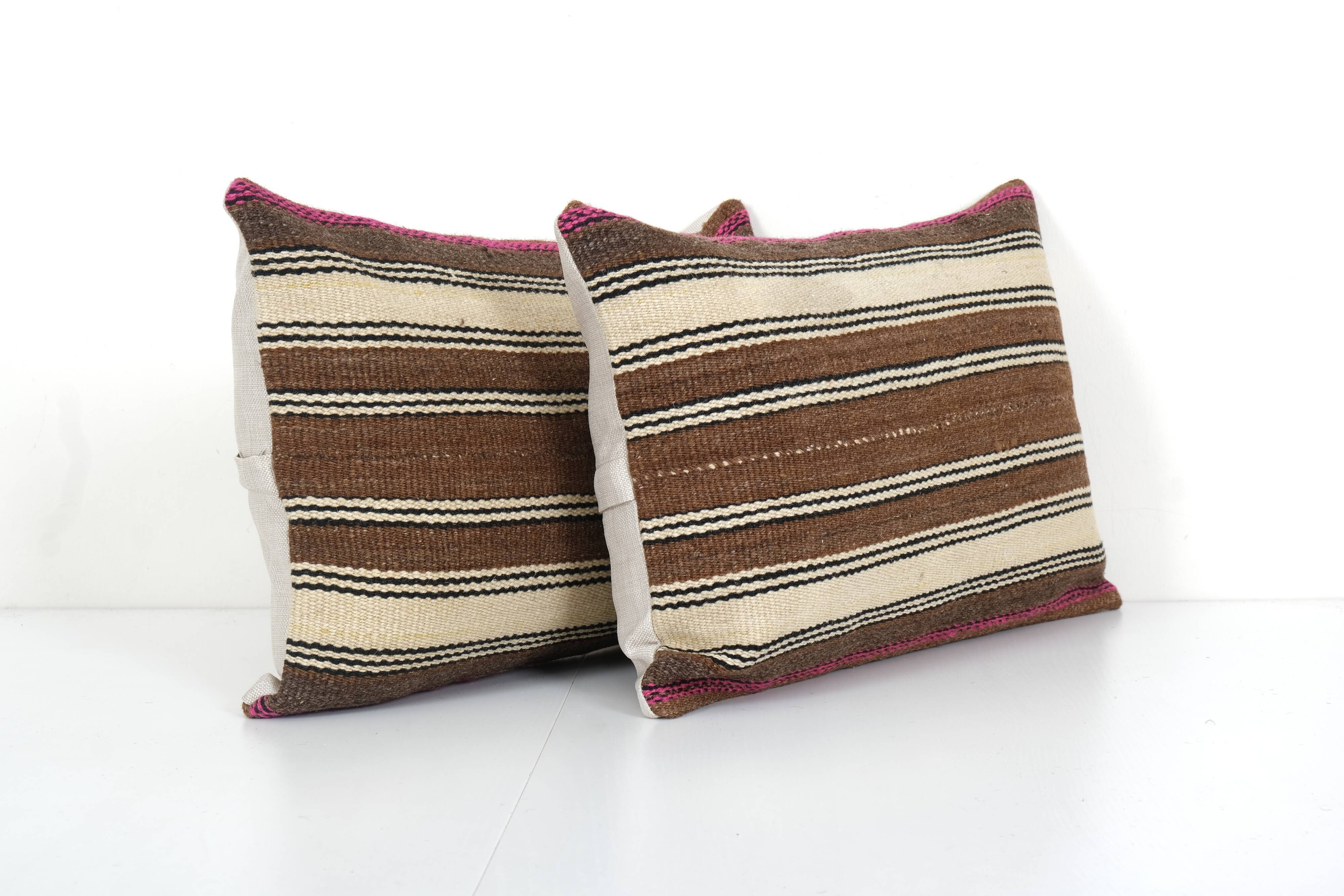 Kilim pillow cases made from a vintage anatolian handwoven textile - matching oblong lumbar brown