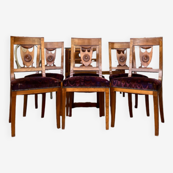 Suite of six empire-style natural wood chairs