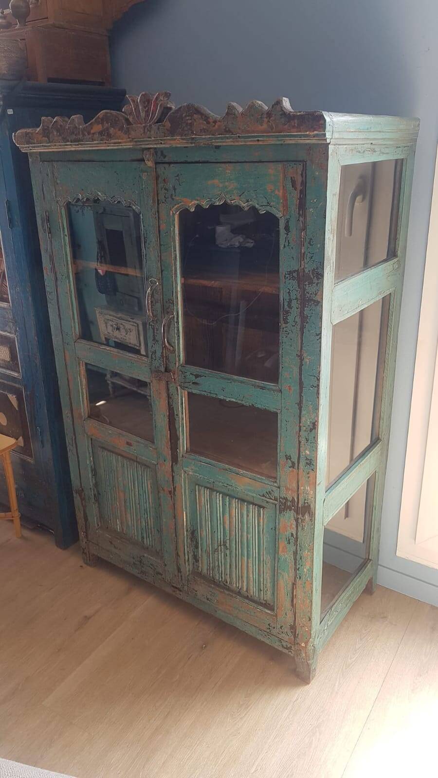 Turquoise glazed lotus furniture in Indian teak and art deco