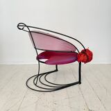 Postmodern Sculptural Armchair in Black Metal and Pink Red Silk Padding, 1980