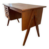 Bureau en chêne, piètement compas, 3 tiroirs, années 60