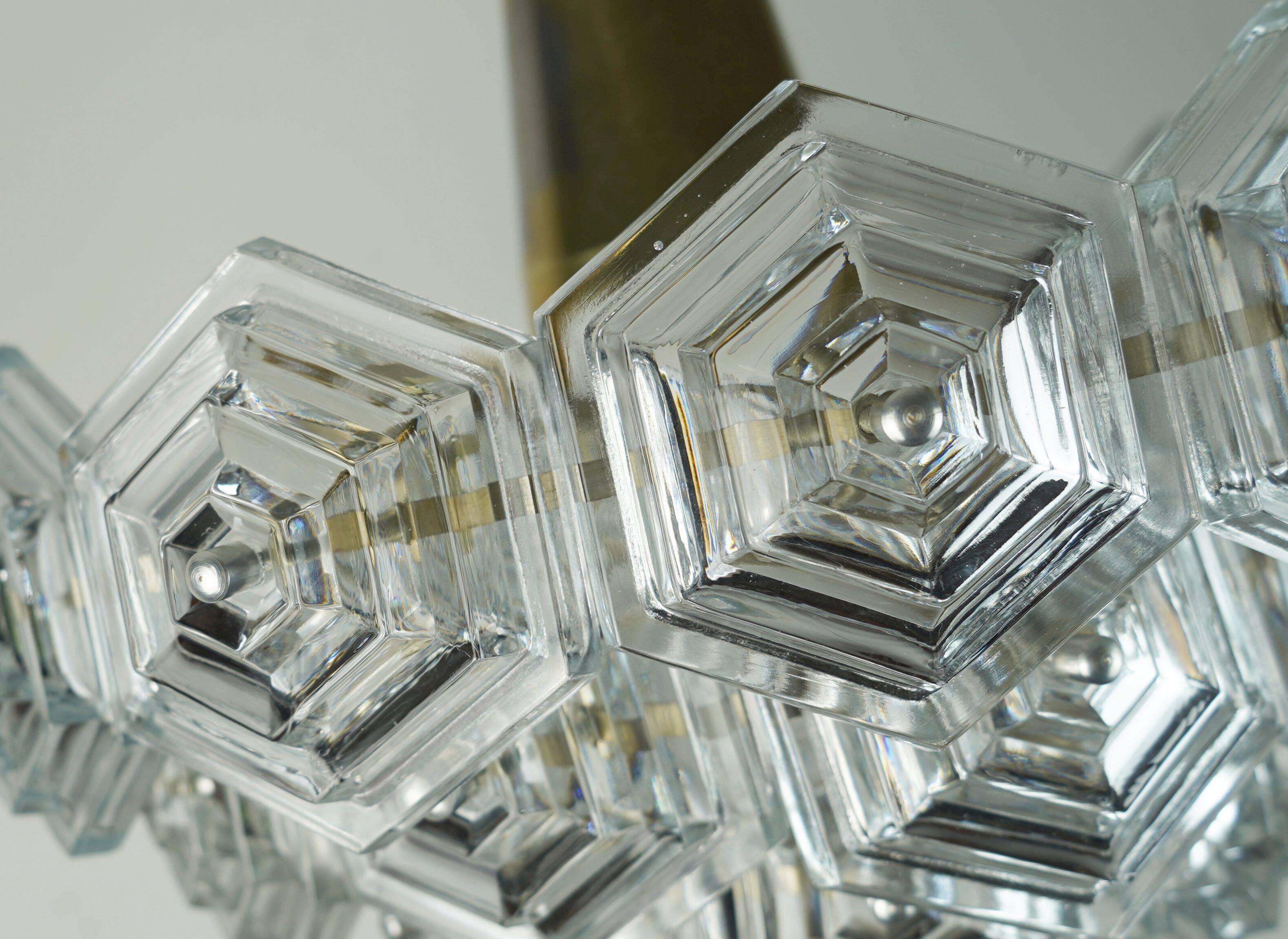 3-tier mid century pendant light with 27 hexagonal glass panels 1960s 70s