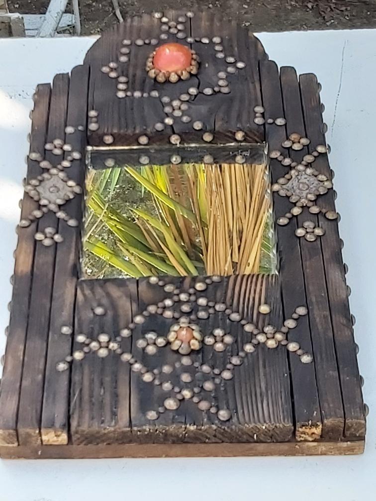 Ancient brutalist oriental wooden mirror 23x53cm