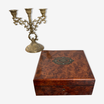 Coffret à bijoux Napoléon III XIXème siècle bois de loupe de thuya, de rose, laiton, soie