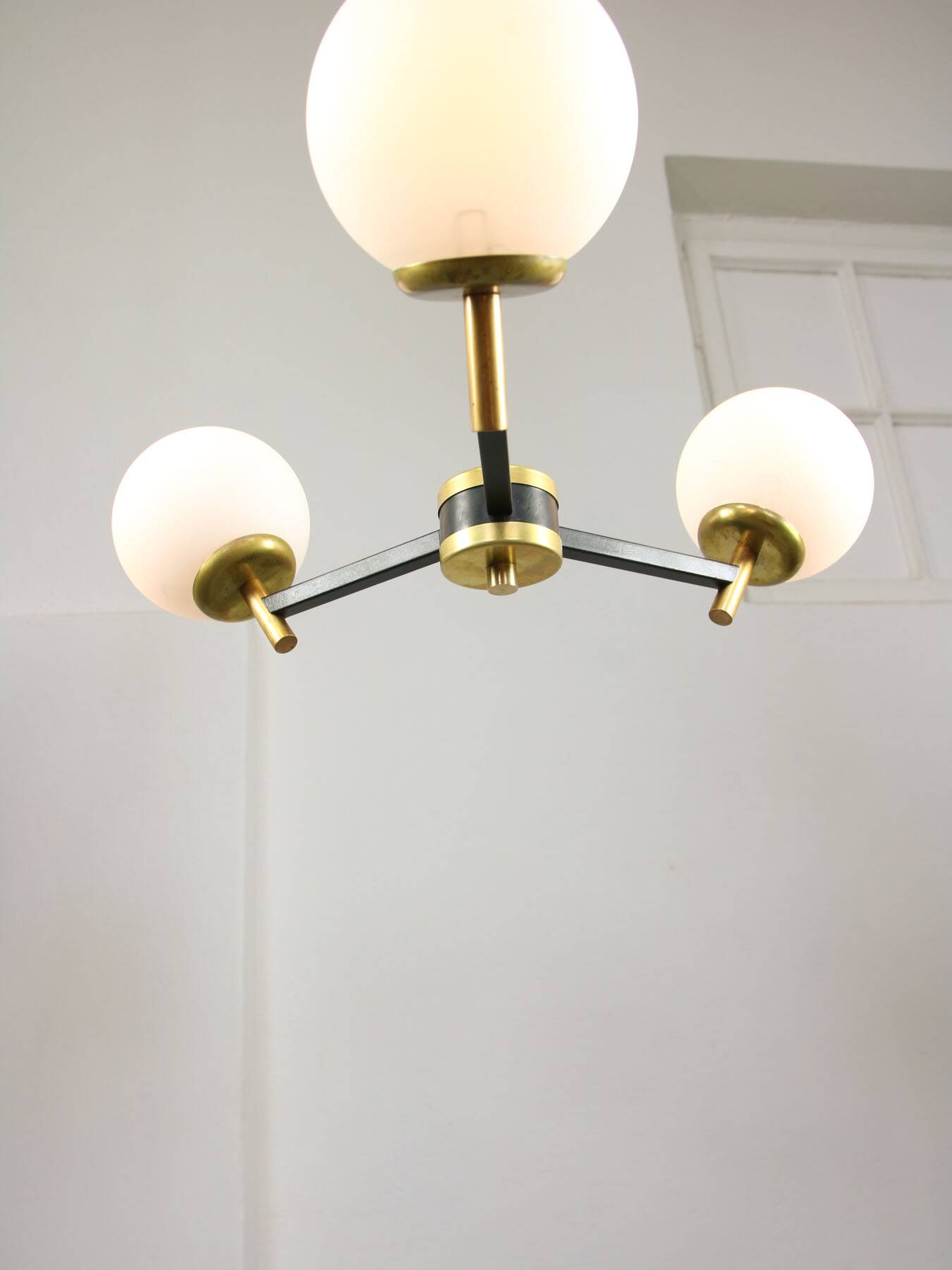 Mid-century italian brass and opaline chandelier