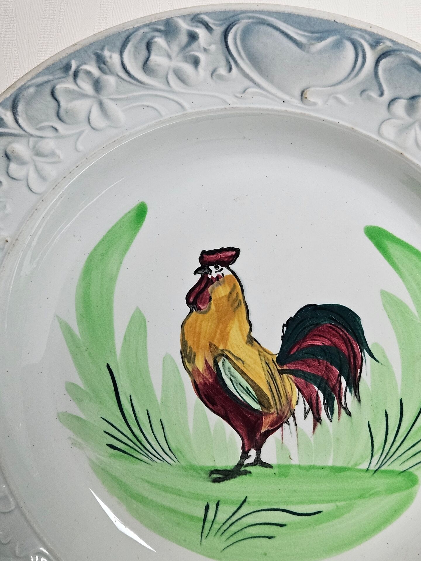 Pair of decorative deep plates with rooster design, St Amand vintage