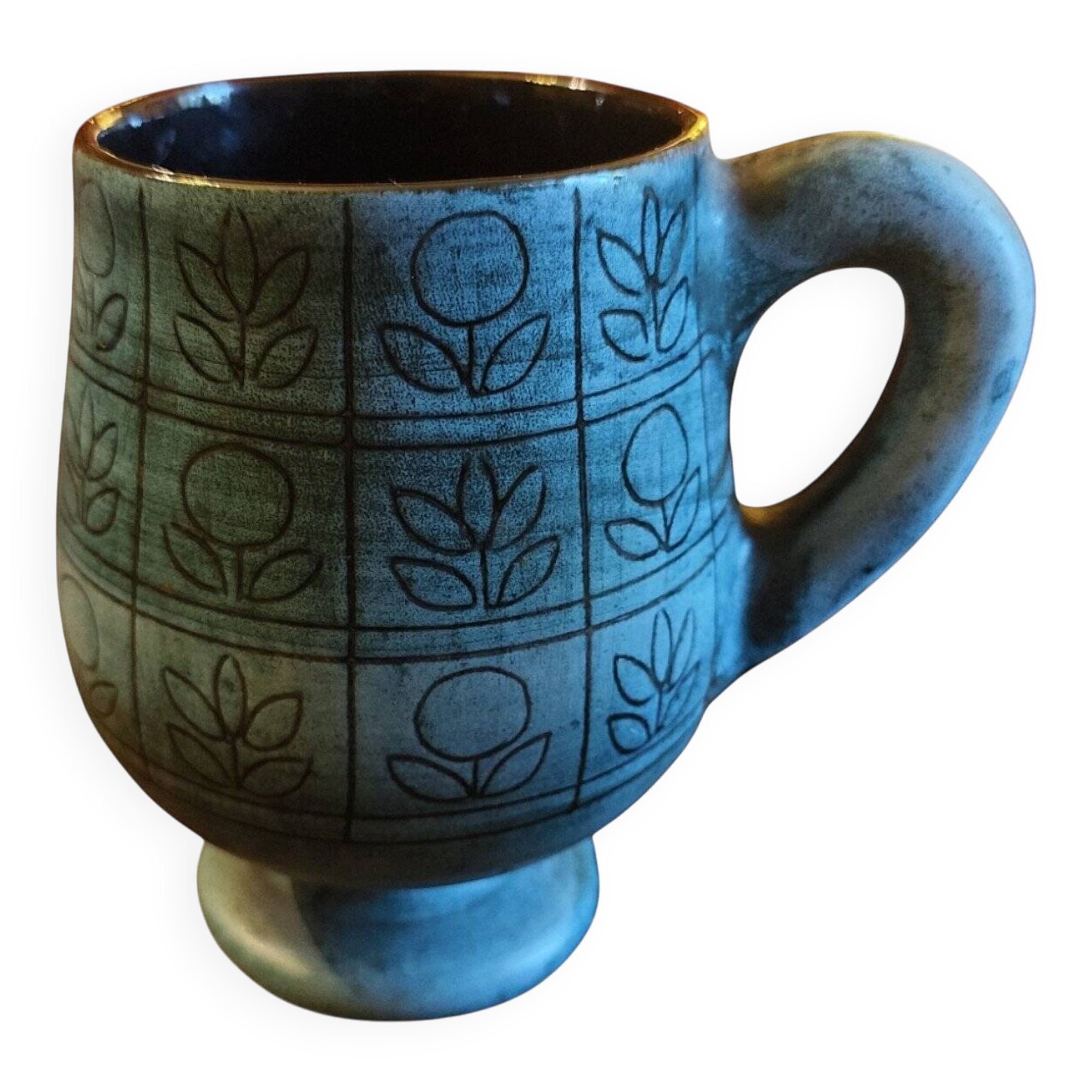 Large Patterned Cup on Matte Blue Glaze, by Jean De Lespinasse, 1950s / 1970s