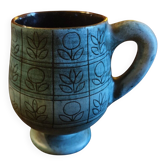 Large Patterned Cup on Matte Blue Glaze, by Jean De Lespinasse, 1950s / 1970s