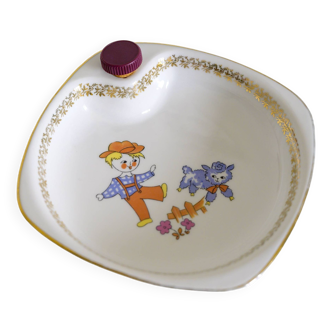 Assiette à bouillie enfant - Petit garçon avec mouton - Porcelaine France Chauvigny.