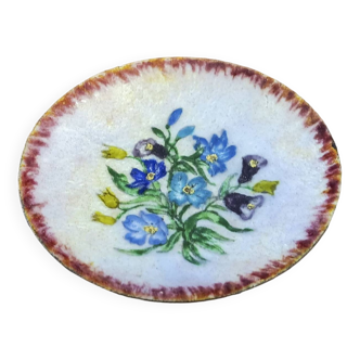 Small old enameled copper cup, signed Nelly Amadieu Limoges. colorful floral decor.