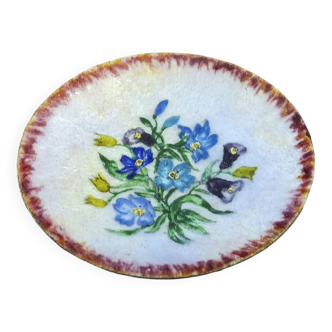 Little old enameled copper bowl, signed nelly amadieu limoges. colorful floral decor.