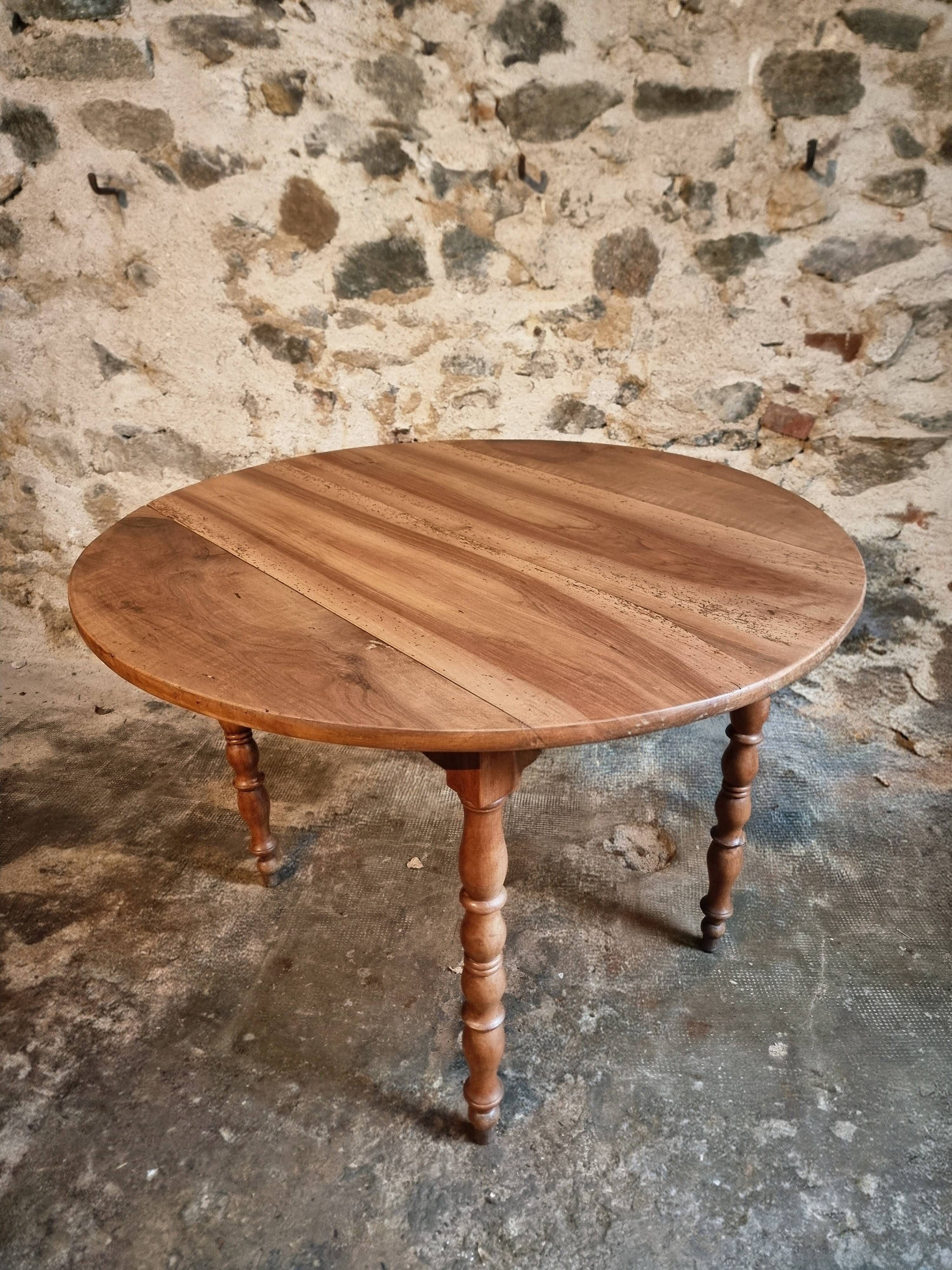 Antique walnut drop-leaf dining table – French round table 110 cm