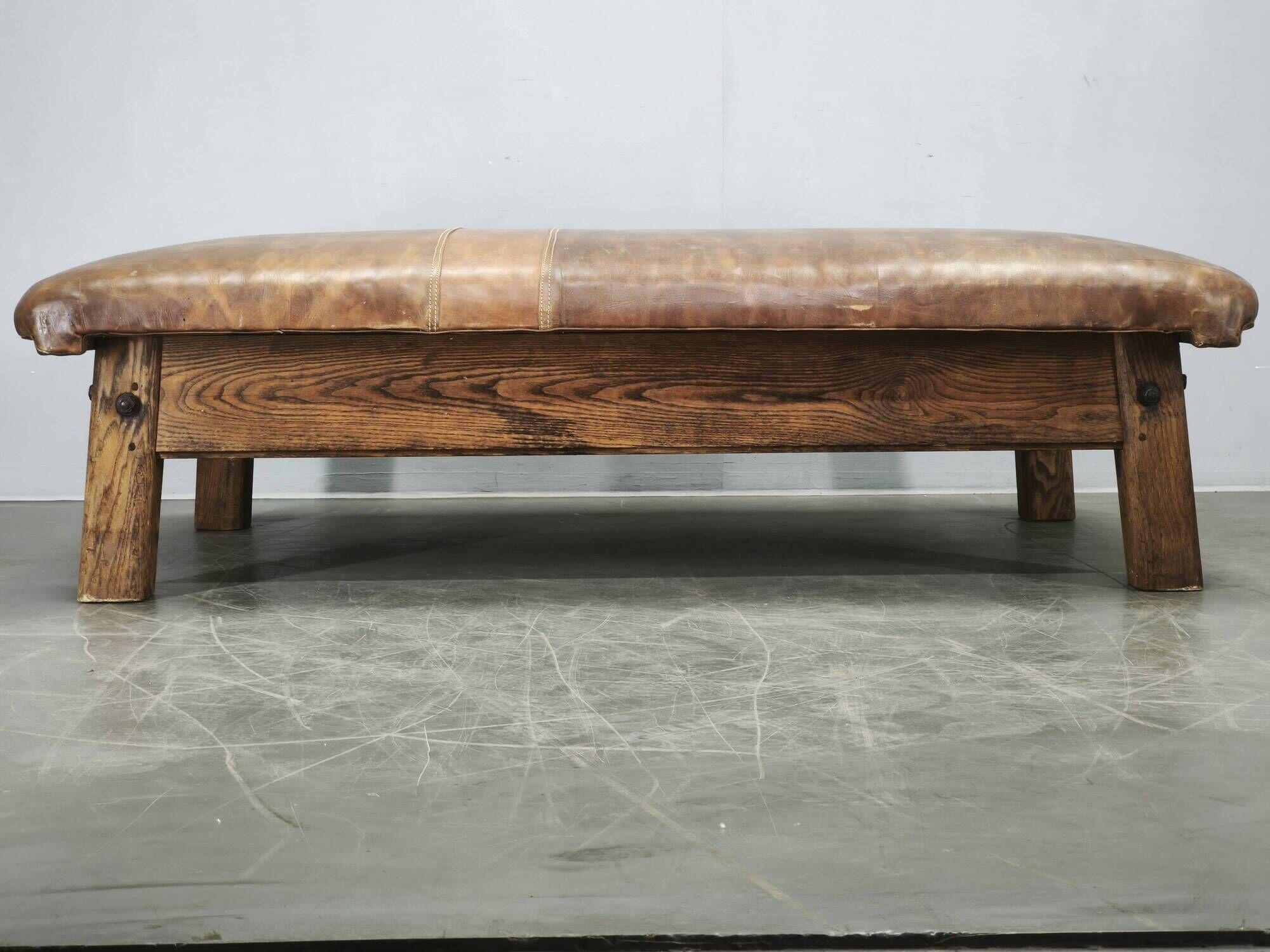 1940s Czechoslovak Oak and Patinated Leather Gym Bench