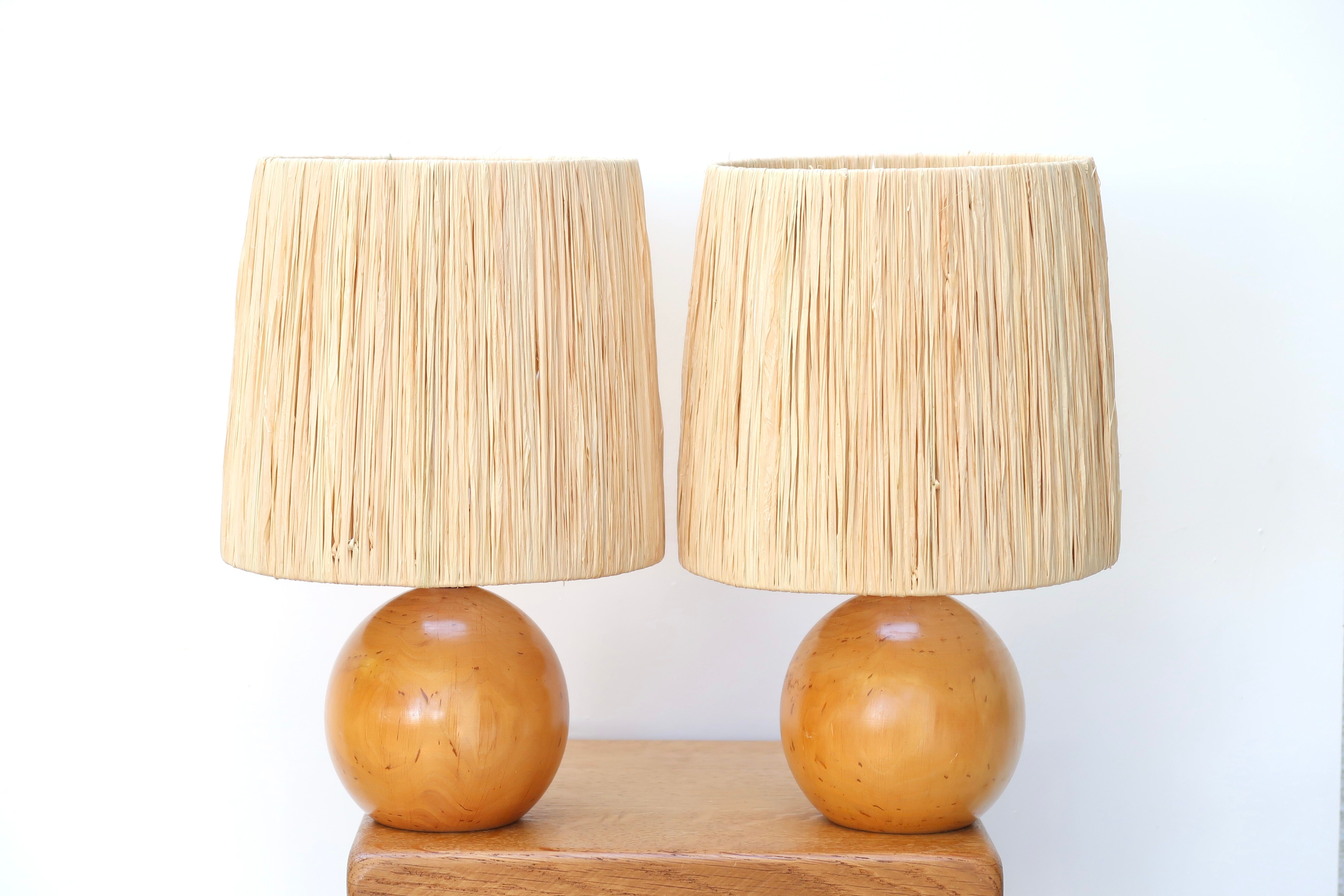 Pair of wooden lamps, raffia lampshade, 70s